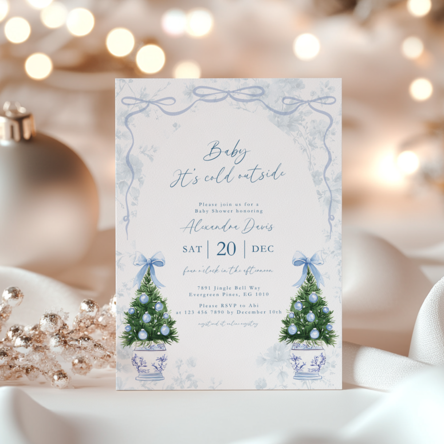 Blue Coquette Christmas Baby Shower Invitation Template L39