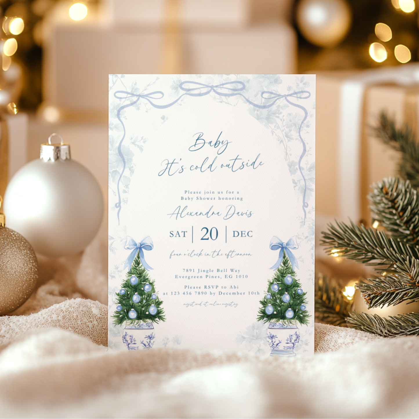 Blue Coquette Christmas Baby Shower Invitation Template L39