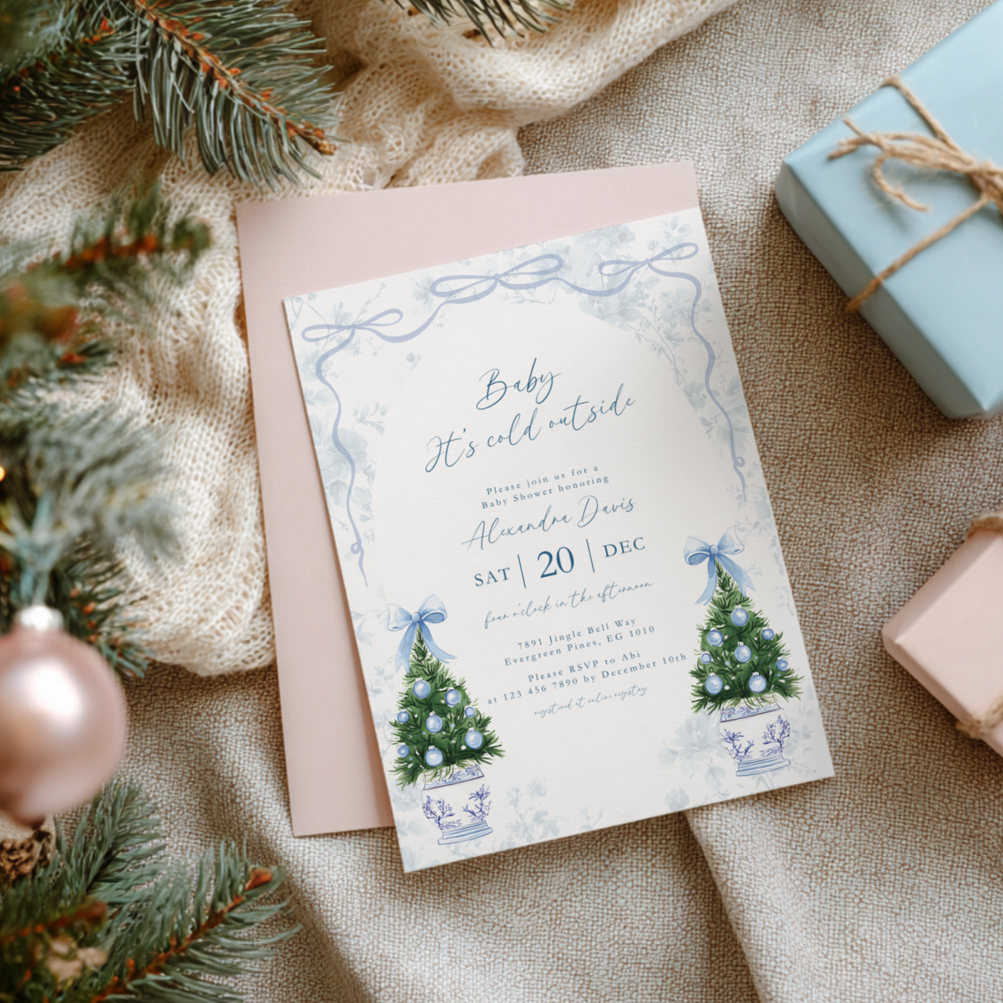 Blue Coquette Christmas Baby Shower Invitation Template L39