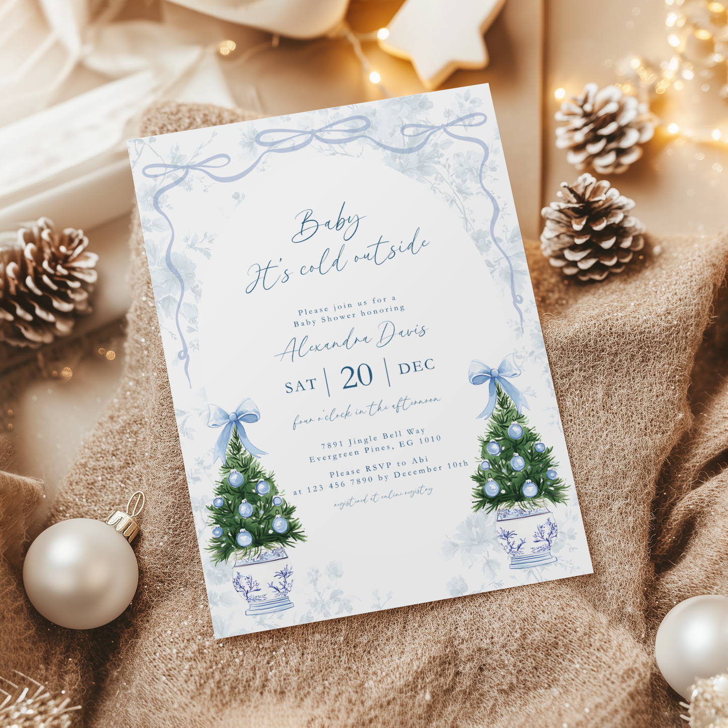Blue Coquette Christmas Baby Shower Invitation Template L39