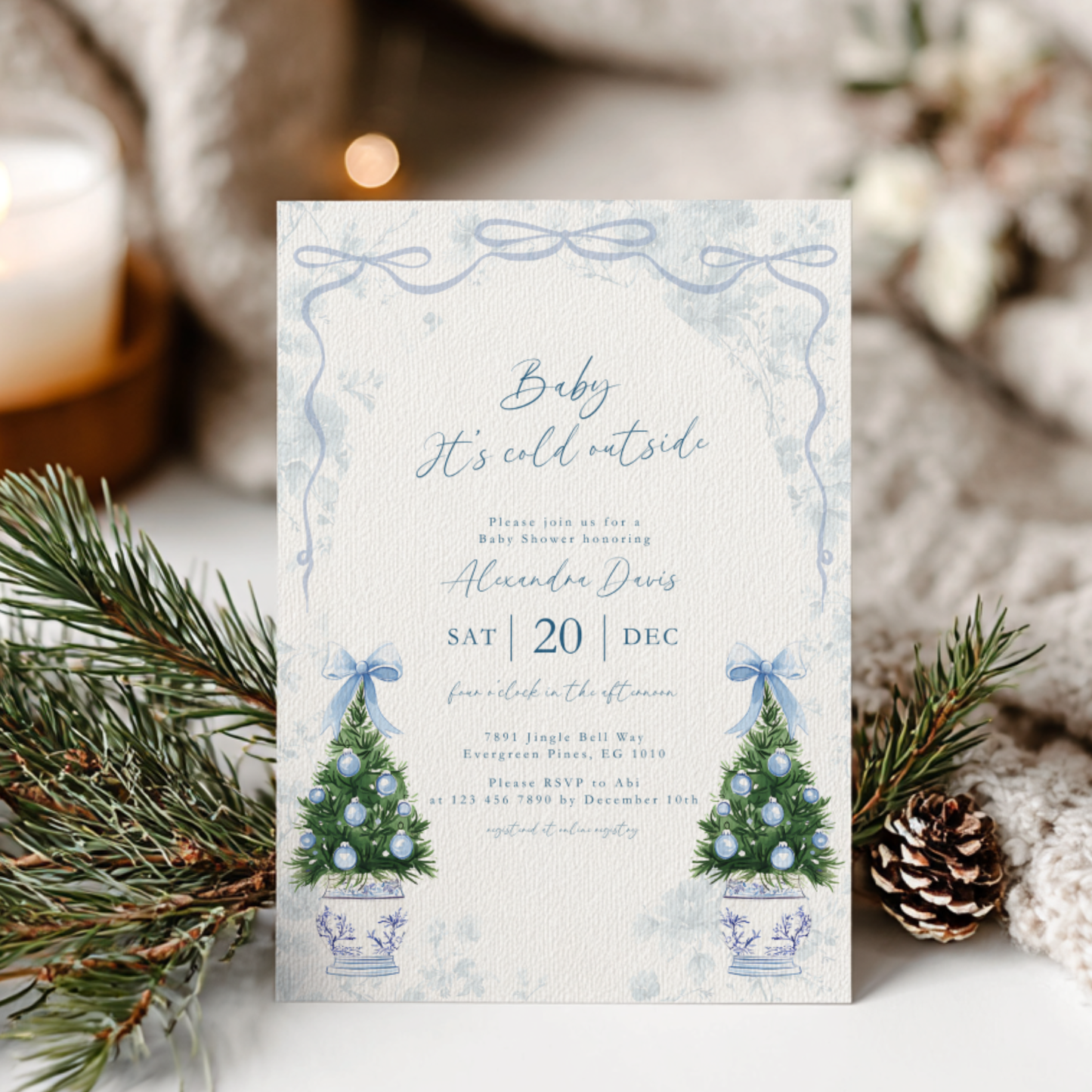 Blue Coquette Christmas Baby Shower Invitation Template L39