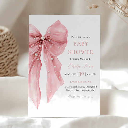 Baby Shower Invitation - Pink Bow with Coquette Pearls BS164