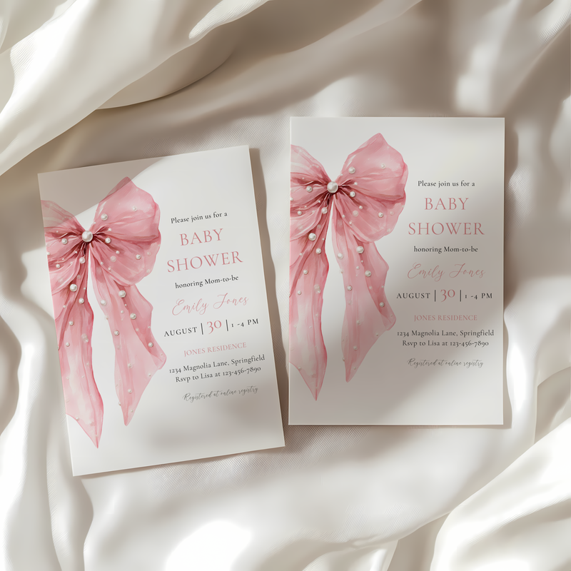 Baby Shower Invitation - Pink Bow with Coquette Pearls BS164