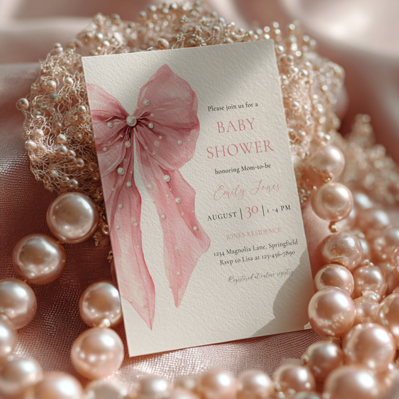 Baby Shower Invitation - Pink Bow with Coquette Pearls BS164