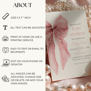 Baby Shower Invitation - Pink Bow with Coquette Pearls BS164