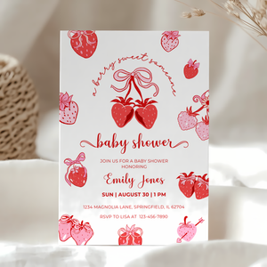 Baby Shower Invitation - Cute Strawberry Berry Sweet Coquette Pink Red Bow BS152