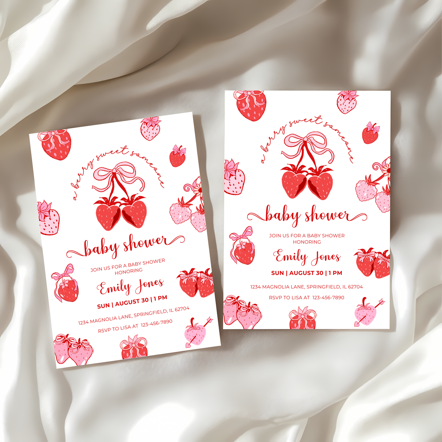 Baby Shower Invitation - Cute Strawberry Berry Sweet Coquette Pink Red Bow BS152