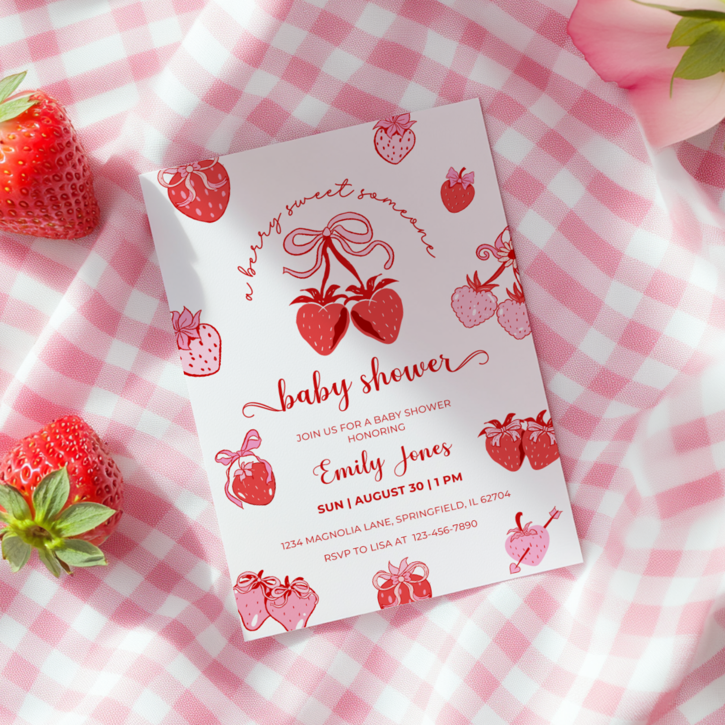 Baby Shower Invitation - Cute Strawberry Berry Sweet Coquette Pink Red Bow BS152