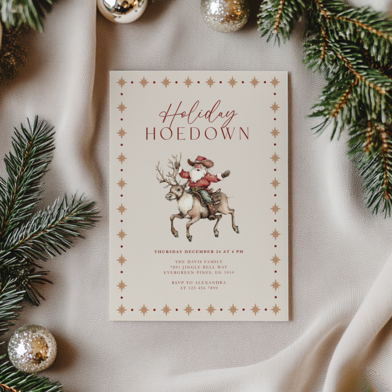 Cowboy Santa Holiday Hoedown Christmas Party Invitation L64