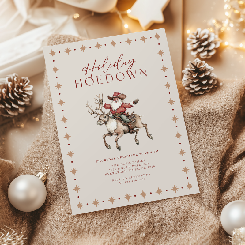 Cowboy Santa Holiday Hoedown Christmas Party Invitation L64