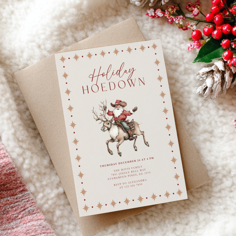 Cowboy Santa Holiday Hoedown Christmas Party Invitation L64