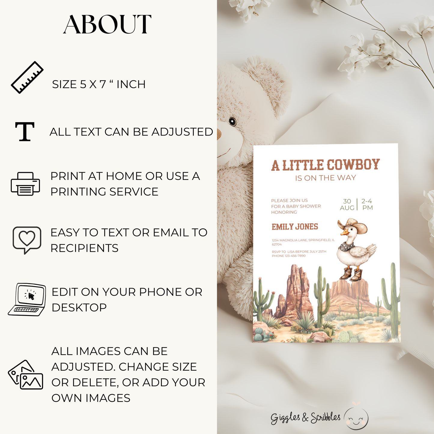 Baby Shower Invitation - Cowboy Goose Western Desert BS81