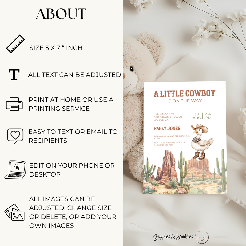 Baby Shower Invitation - Cowboy Goose Western Desert BS81