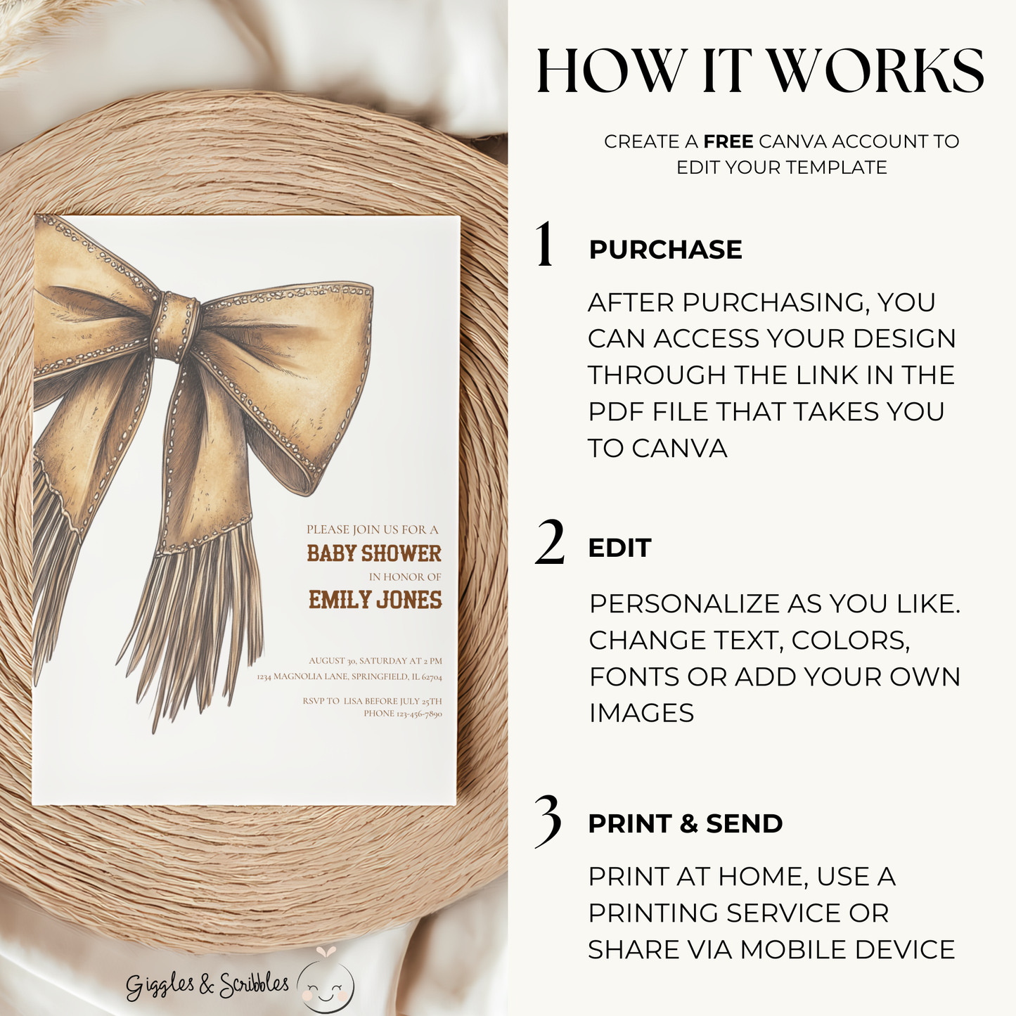 Baby Shower Invitation - Western Bow Boho Cowgirl Cowboy BS77