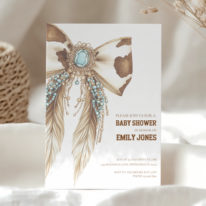 Baby Shower Invitation - Western Bow Boho Cowgirl Cowboy Feathers BS77