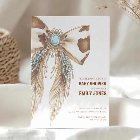 Baby Shower Invitation - Western Bow Boho Cowgirl Cowboy Feathers BS77