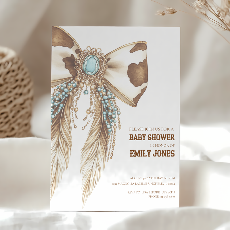 Baby Shower Invitation - Western Bow Boho Cowgirl Cowboy Feathers BS77