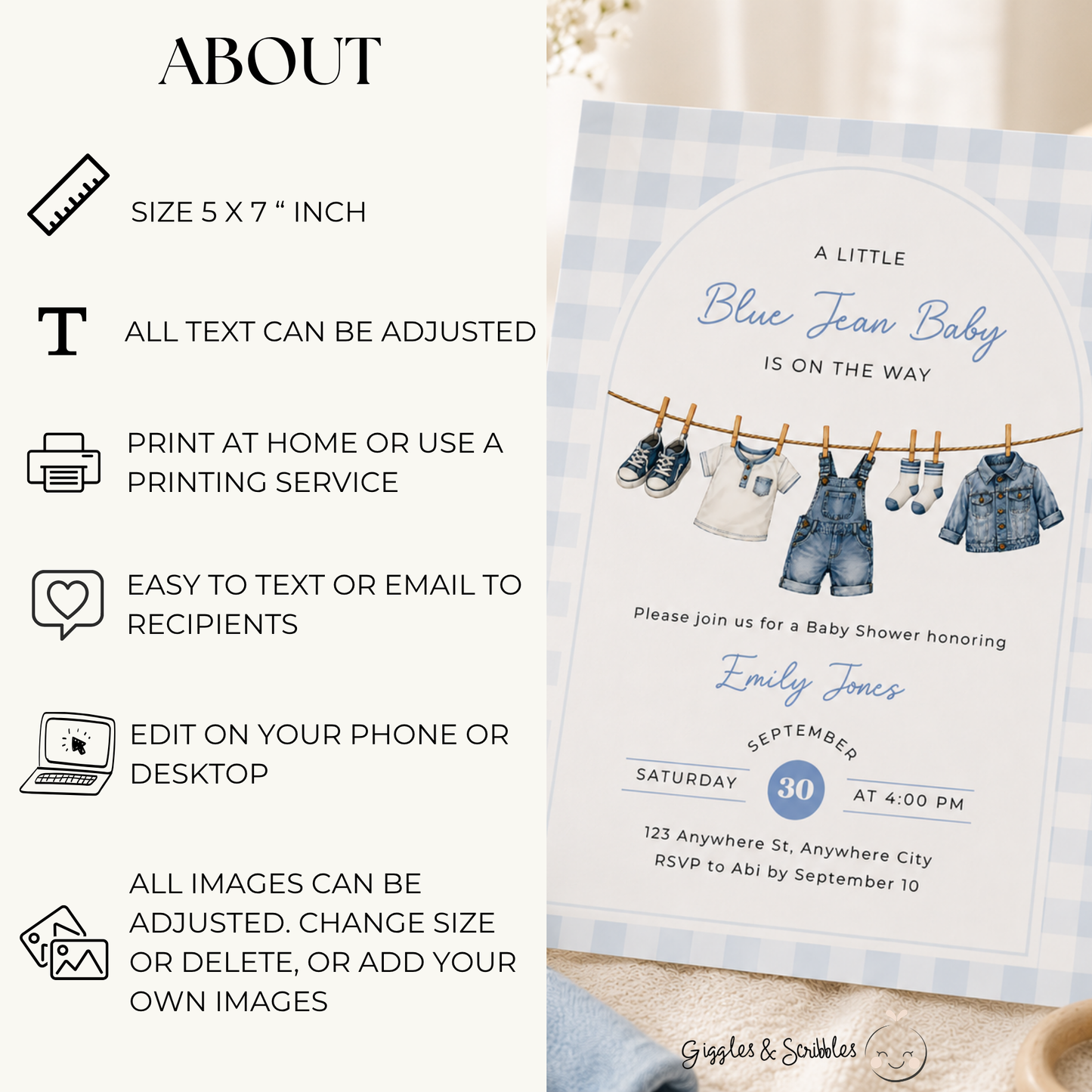 Denim Boy Baby Shower Invitation BS312