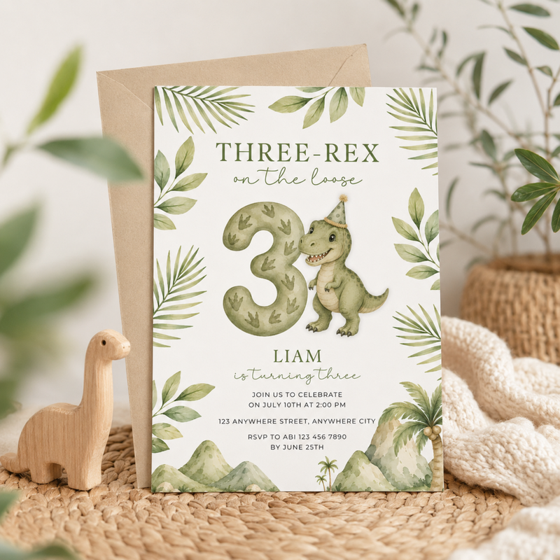 Three-Rex Dinosaur Birthday Invitation L145