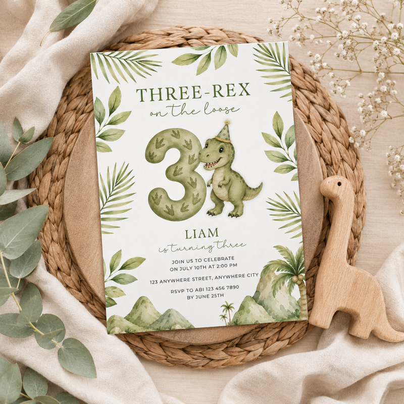 Three-Rex Dinosaur Birthday Invitation L145