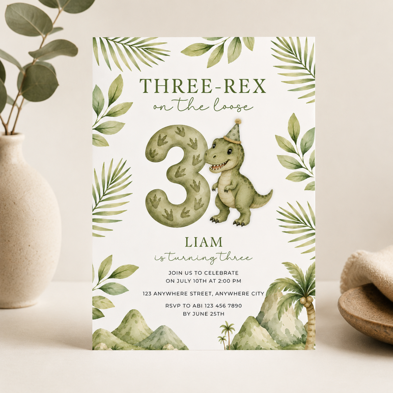 Three-Rex Dinosaur Birthday Invitation L145