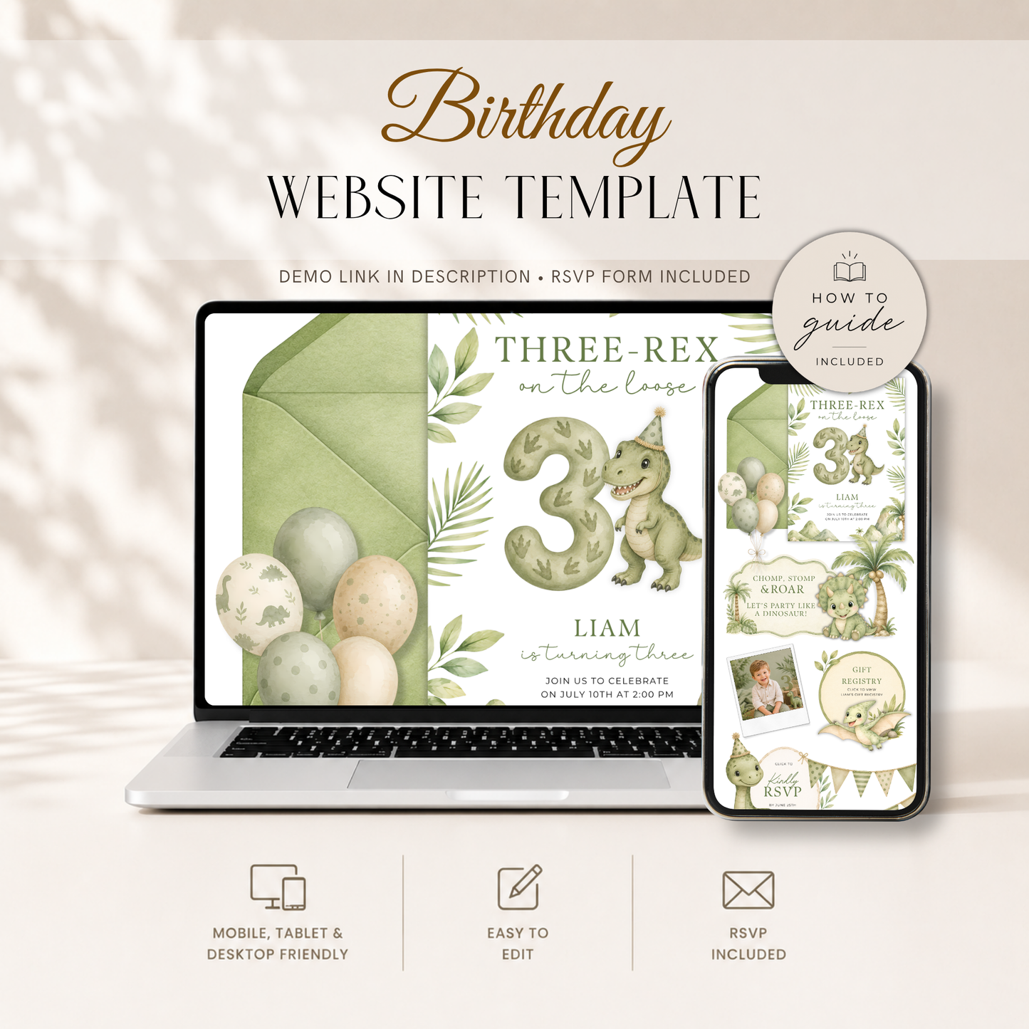 Three-Rex Dinosaur Birthday Invitation Website with RSVP L145