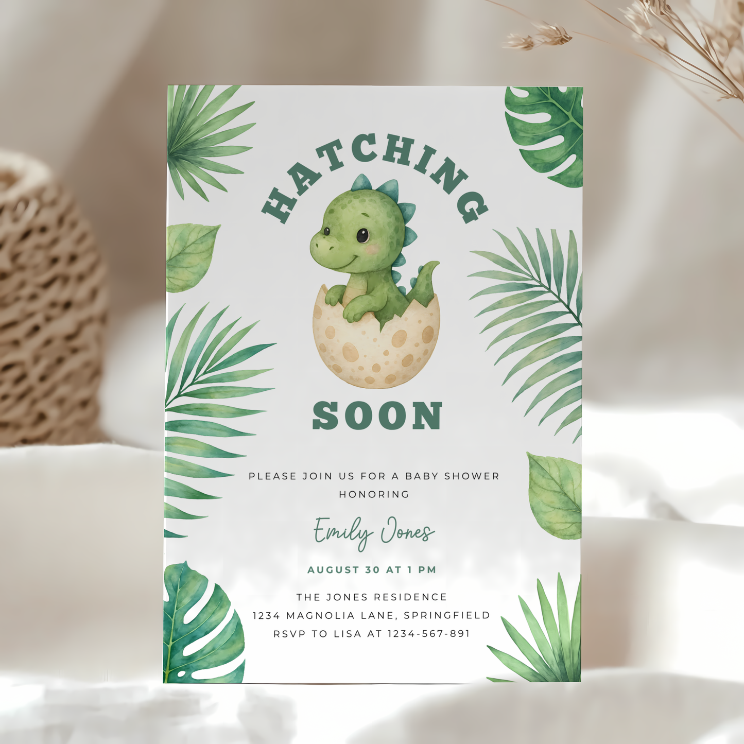 Baby Shower Invitation -  Hatching Soon Dinosaur Theme BS216