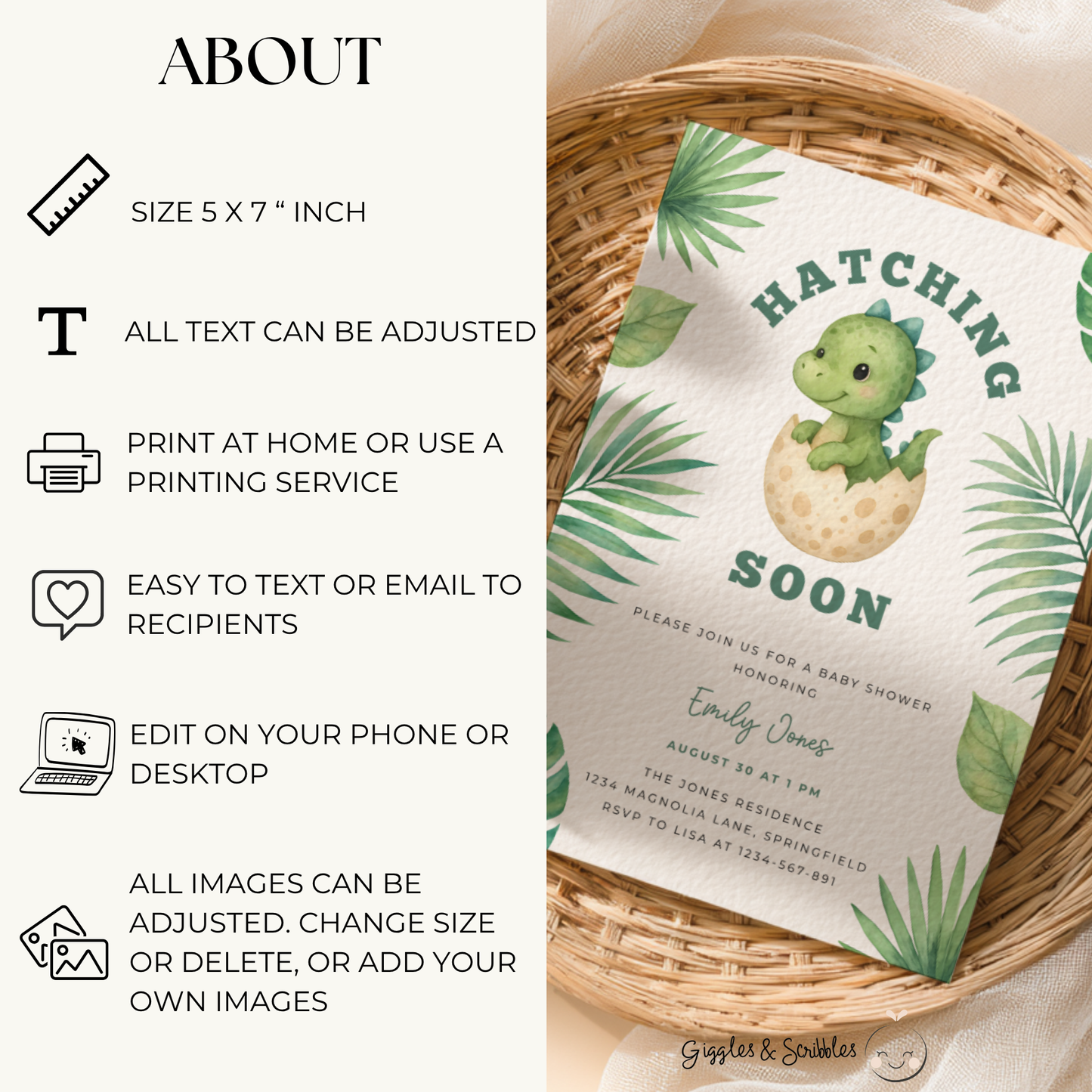 Baby Shower Invitation -  Hatching Soon Dinosaur Theme BS216