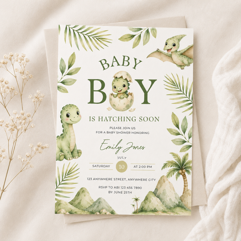 Hatching Soon Dino Baby Shower Invitation BS310