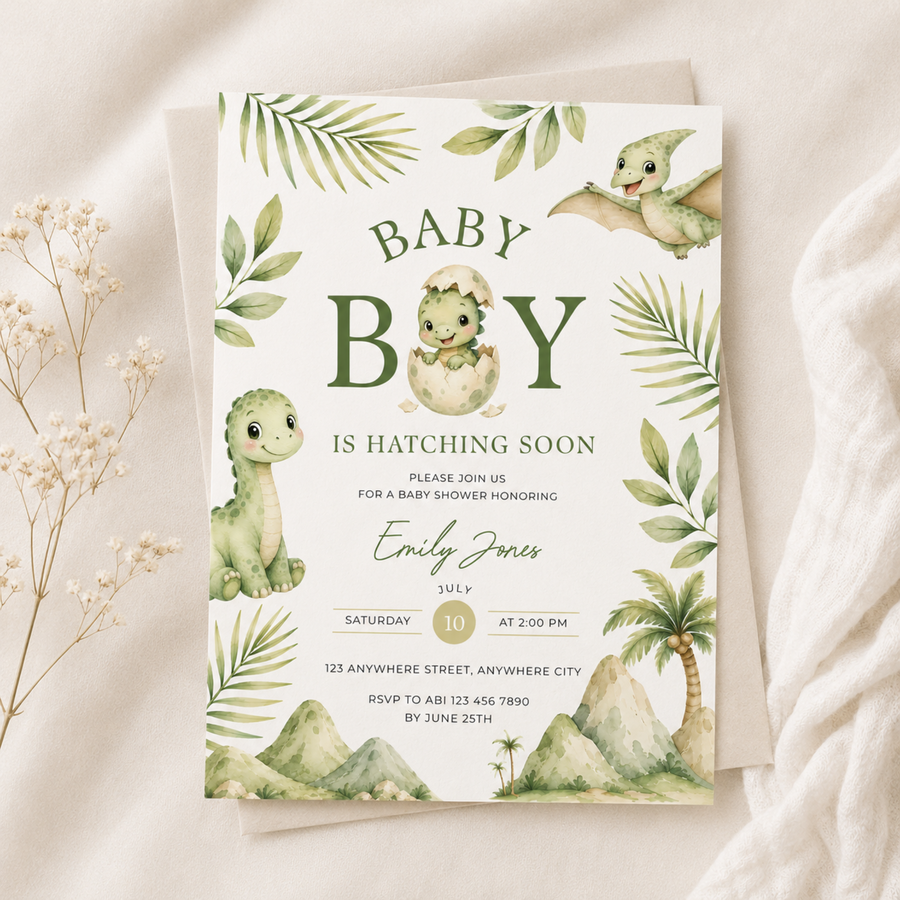 Hatching Soon Dino Baby Shower Invitation BS310