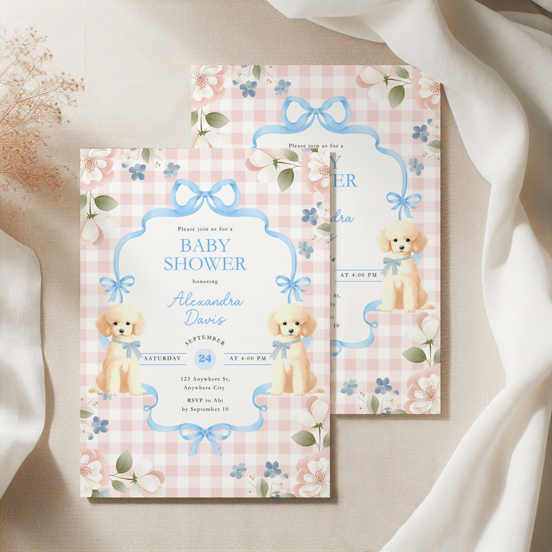 Cute Dog Blue Bow Baby Shower Invitation L97