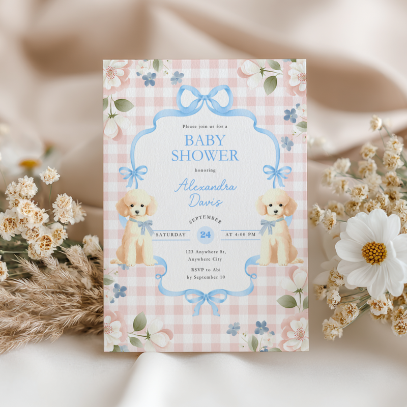 Cute Dog Blue Bow Baby Shower Invitation L97