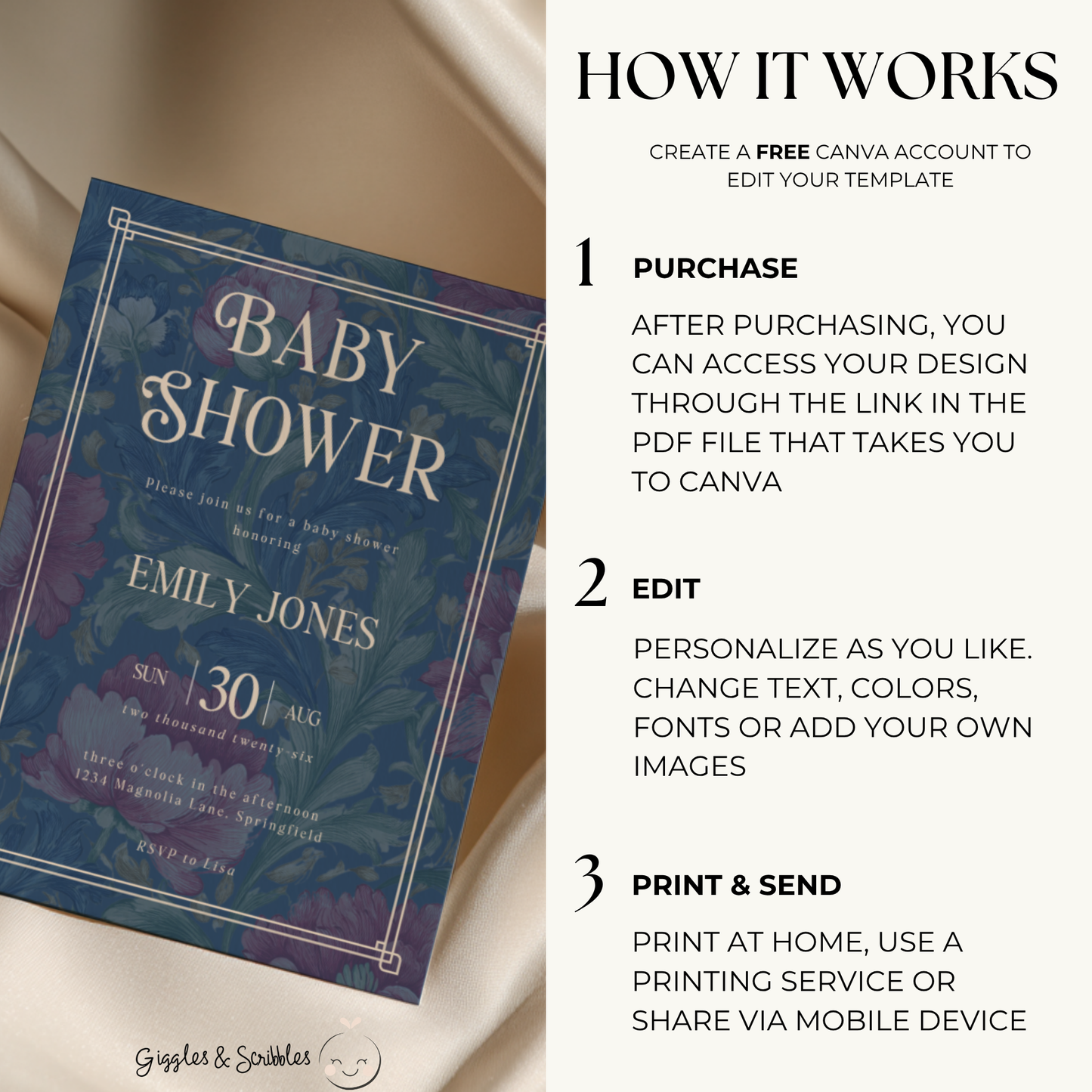 Baby Shower Invitation - Luxurious Moody Florals Deep Blue BS196