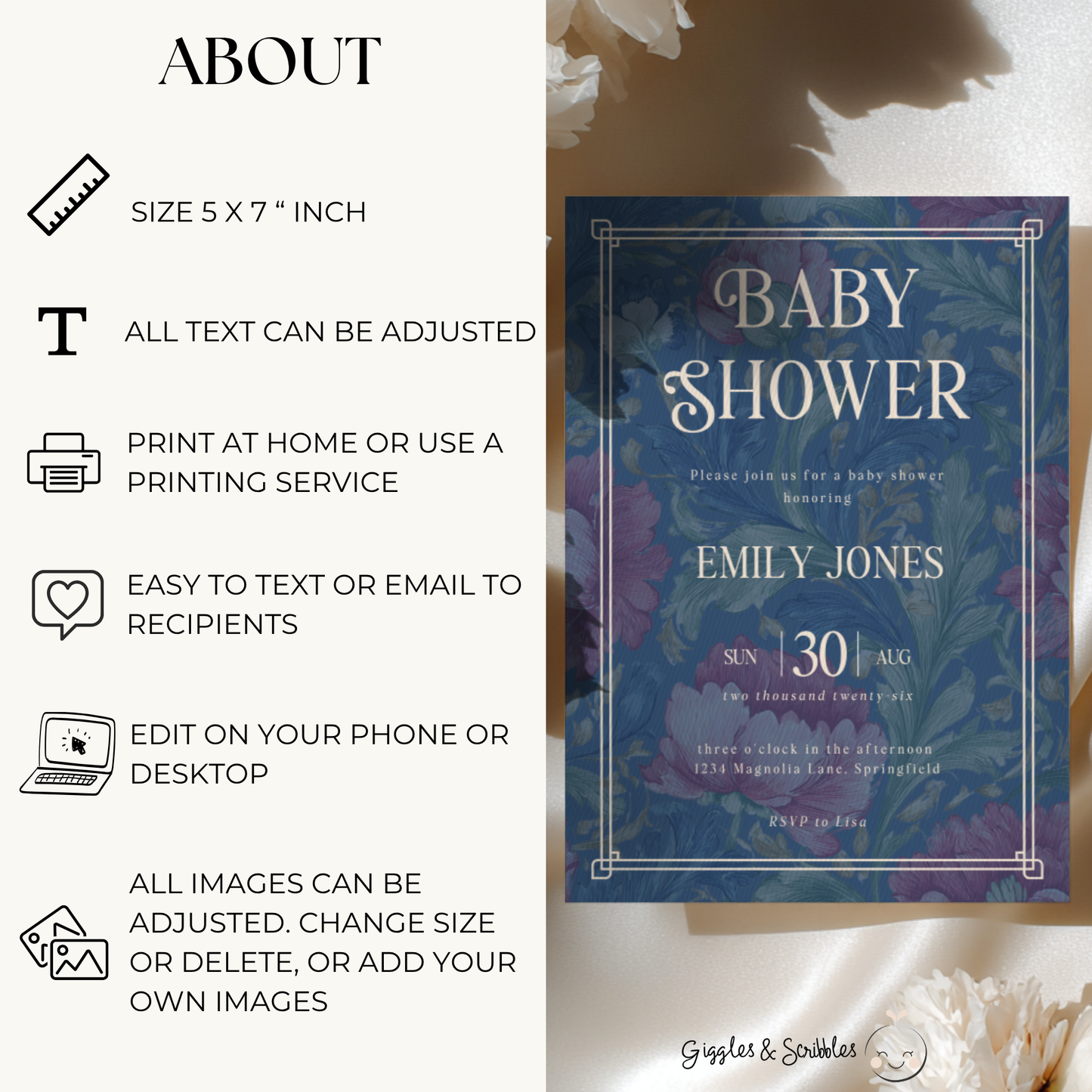 Baby Shower Invitation - Luxurious Moody Florals Deep Blue BS196