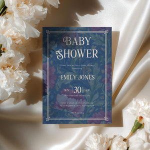 Baby Shower Invitation - Luxurious Moody Florals Deep Blue BS196
