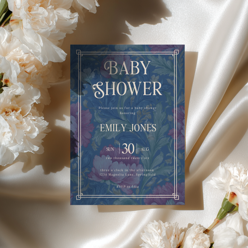 Baby Shower Invitation - Luxurious Moody Florals Deep Blue BS196