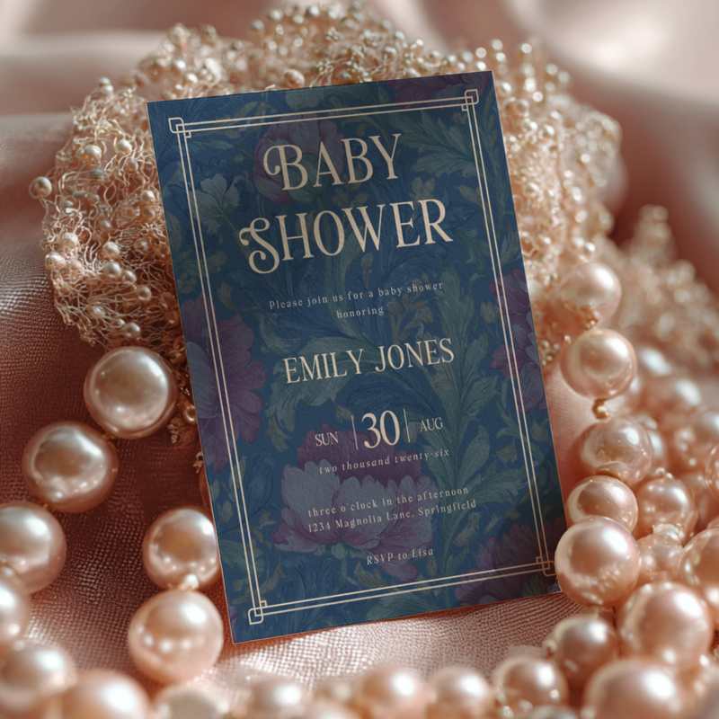 Baby Shower Invitation - Luxurious Moody Florals Deep Blue BS196