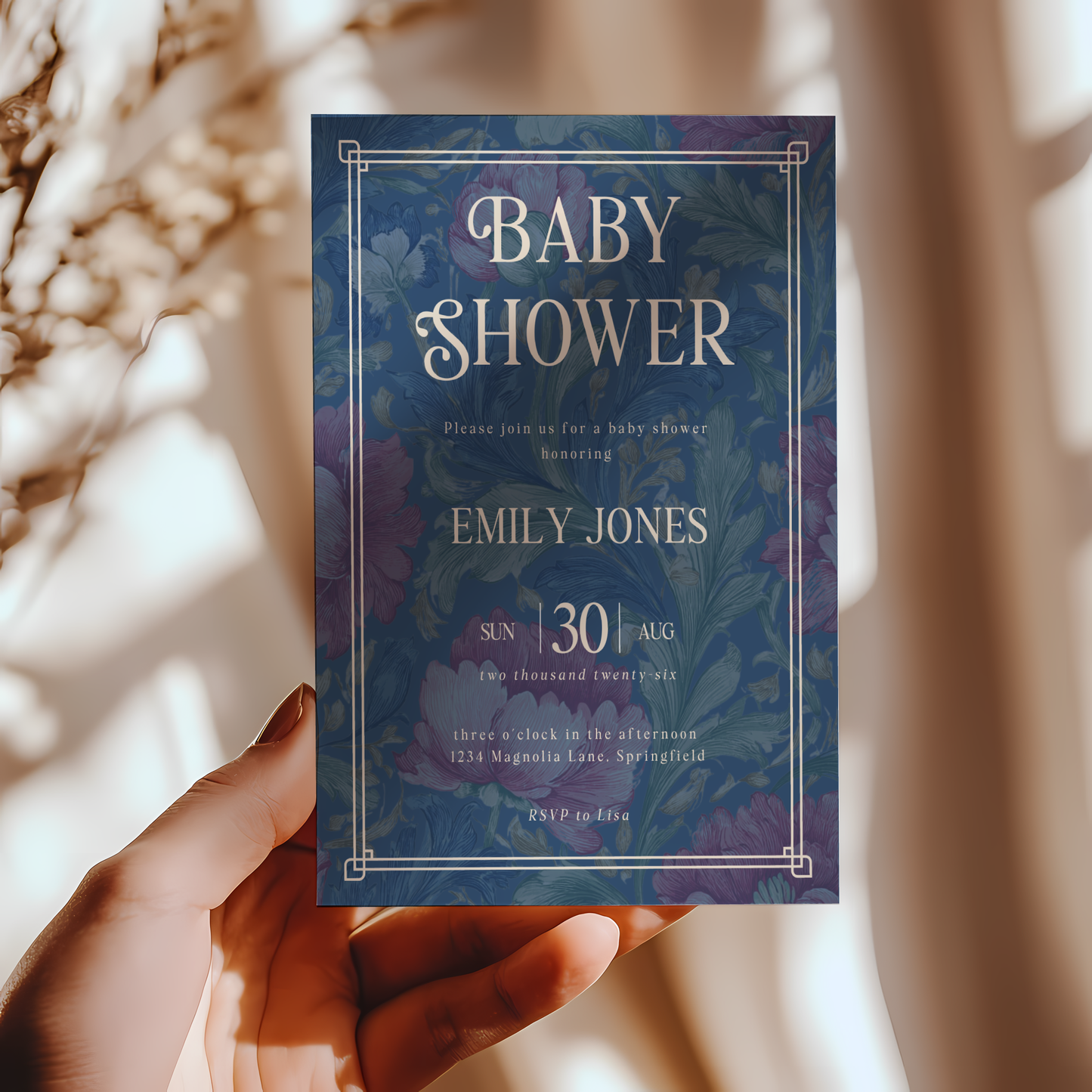 Baby Shower Invitation - Luxurious Moody Florals Deep Blue BS196