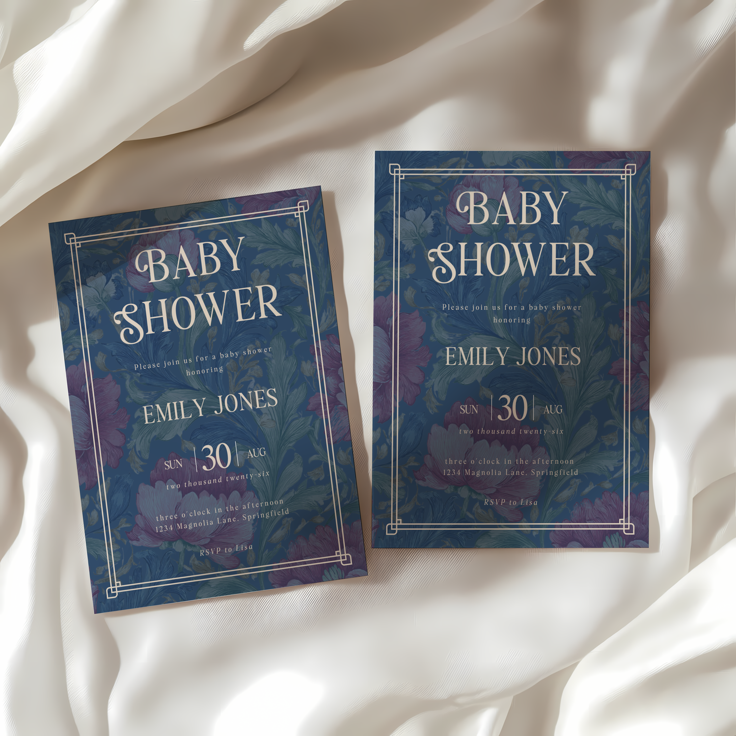 Baby Shower Invitation - Luxurious Moody Florals Deep Blue BS196