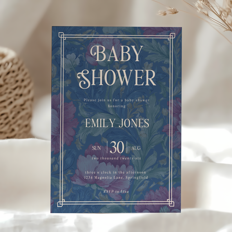 Baby Shower Invitation - Luxurious Moody Florals Deep Blue BS196