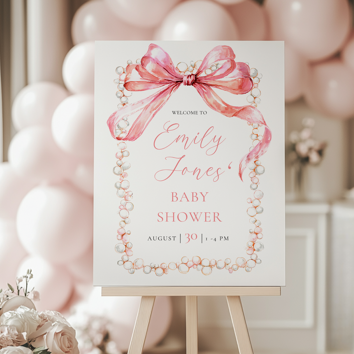 Baby Shower Welcome Sign - Elegant Pink Bow & Pearls BS162