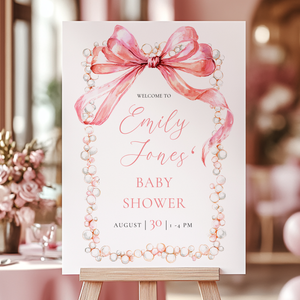 Baby Shower Welcome Sign - Elegant Pink Bow & Pearls BS162