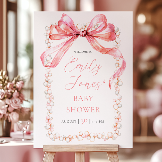 Baby Shower Welcome Sign - Elegant Pink Bow & Pearls BS162
