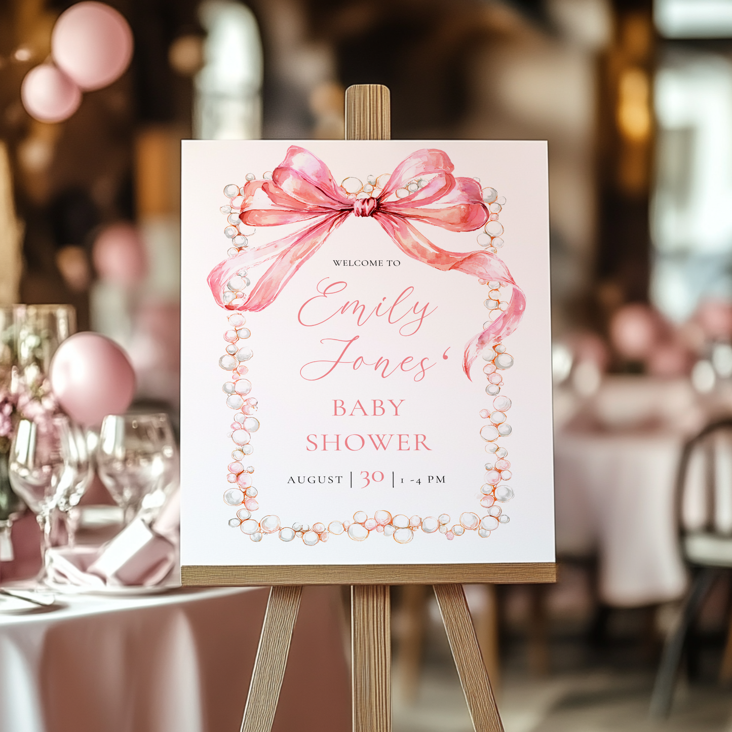 Baby Shower Welcome Sign - Elegant Pink Bow & Pearls BS162
