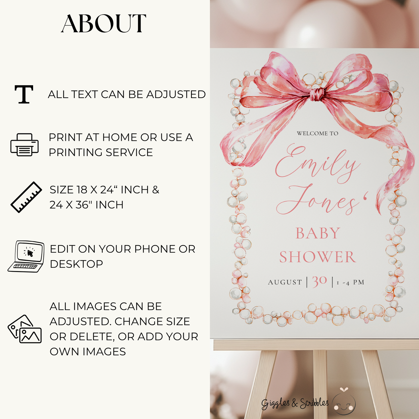 Baby Shower Welcome Sign - Elegant Pink Bow & Pearls BS162