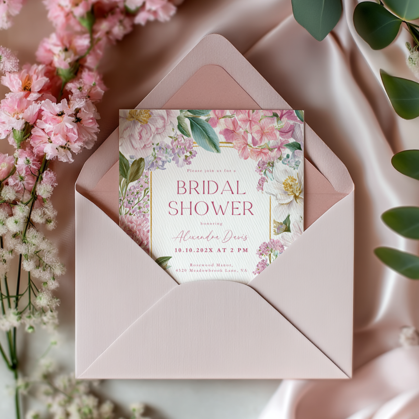 Elegant Pink Floral Bridal Shower Invitation L88