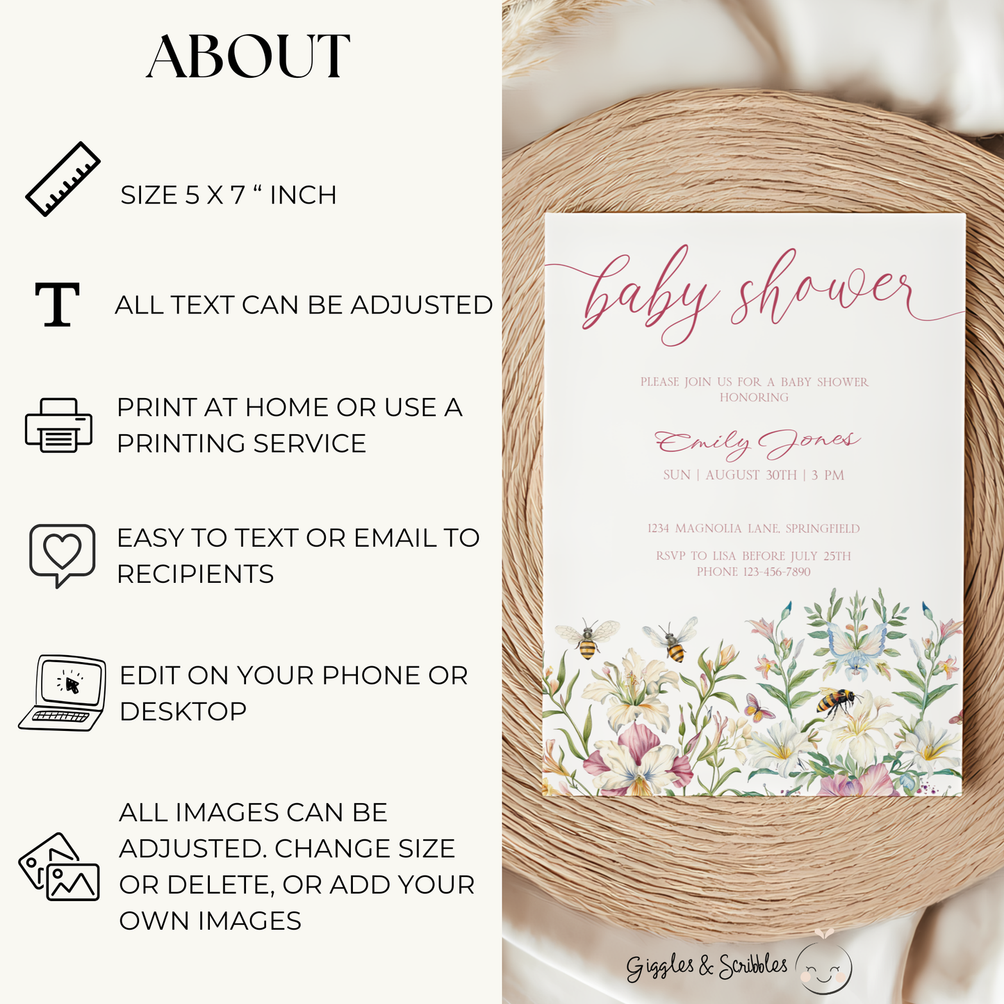 Baby Shower Invitation - Vintage Pastel Floral Elegant Garden Party BS135