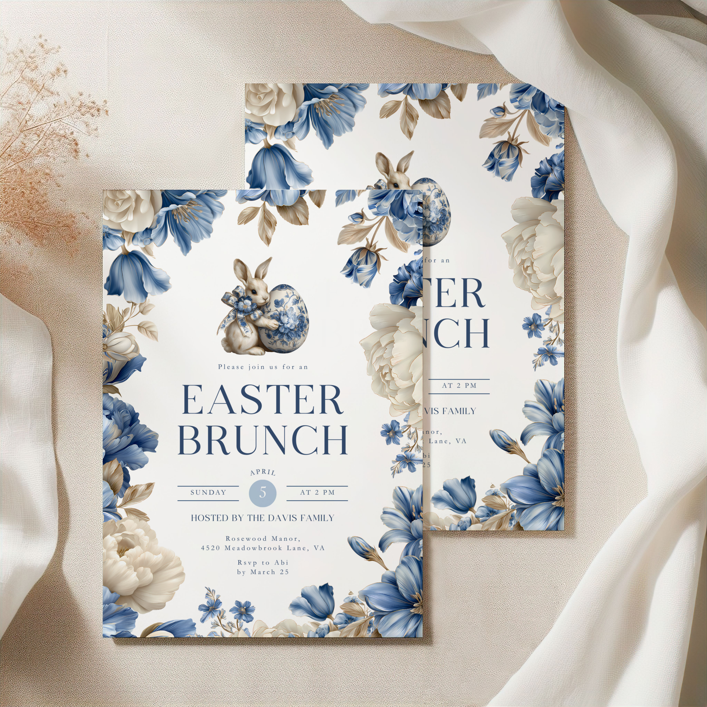 Elegant Blue Toile Easter Brunch Invitation L103