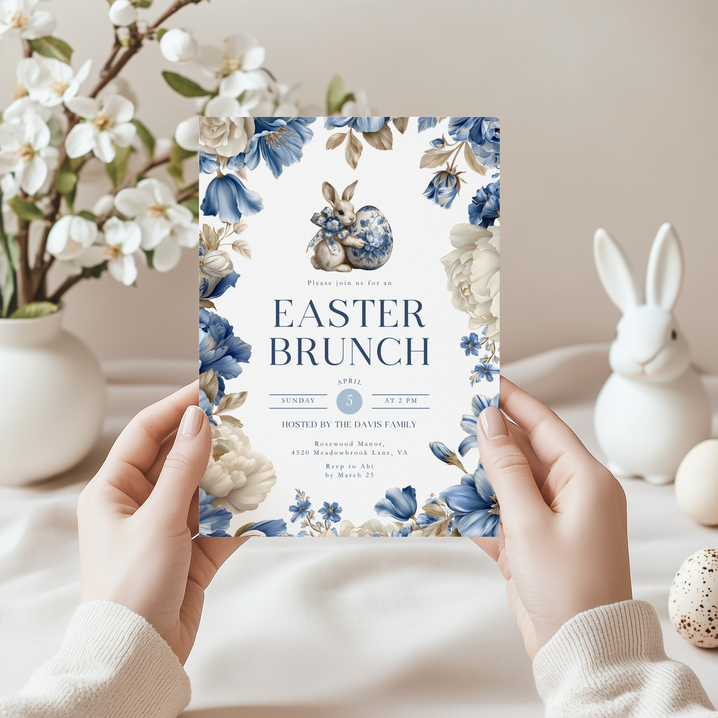 Elegant Blue Toile Easter Brunch Invitation L103