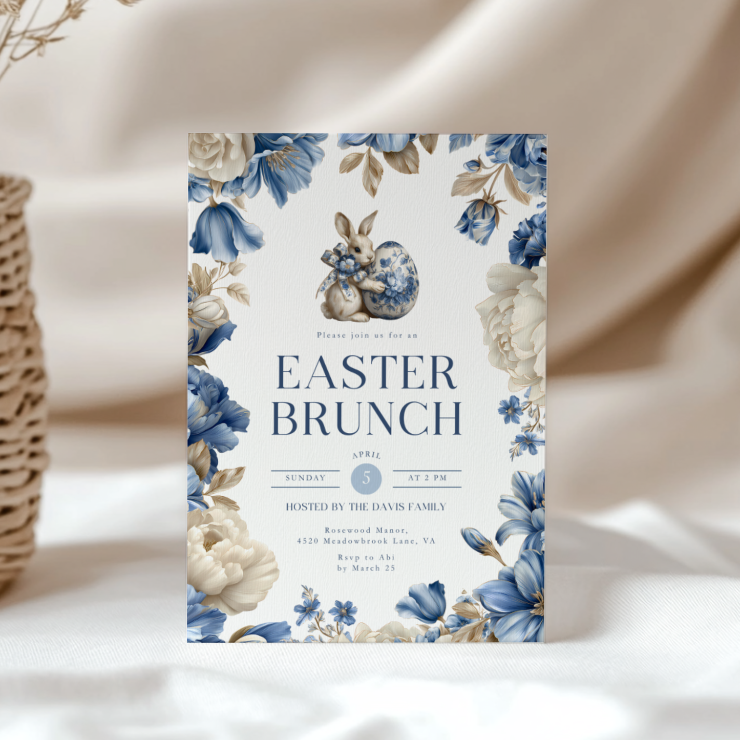 Elegant Blue Toile Easter Brunch Invitation L103